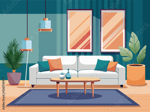 vector of A minimalist living room with a large blank canvas. white sectional sofa. and marble coffee table
