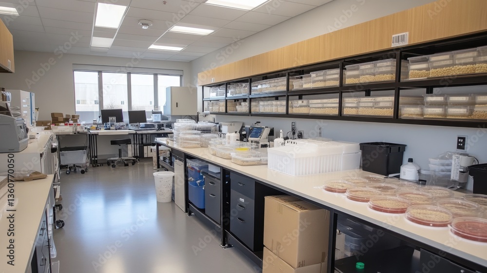 A modern virology research lab with neatly arranged petri dishes containing viral cultures. A modern virology research lab with neatly arranged petri dishes containing viral cultures.
