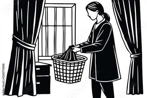 Woman Putting Clothes in Laundry Basket by a Window