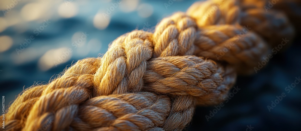 Close-up of a thick, braided rope against a blurred ocean backdrop. Close-up of a thick, braided rope against a blurred ocean backdrop.