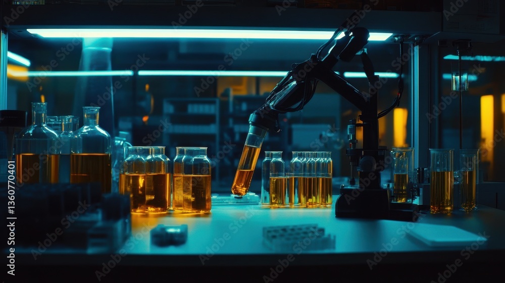 A precision robotic arm conducting an advanced chemical analysis in a sterile lab. A precision robotic arm conducting an advanced chemical analysis in a sterile lab.