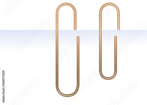 A realistic vector illustration featuring two golden paper clips partially submerged in water, creating an optical illusion due to light refraction. The effect makes the submerged parts appear disconn