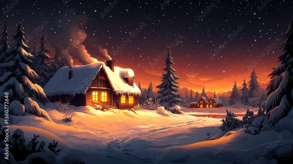 Fototapeta premium Cozy winter cabin nestled in a snowy forest at sunset, illuminated windows, starry night sky.