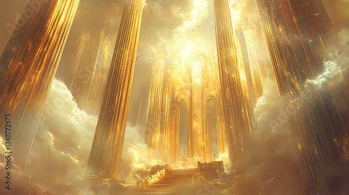 Celestial sanctuary with tall golden pillars environment with clouds and fog effects illustration. aureole. illustration. Gilded Sanctuary. Illustration