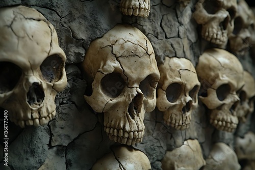 Photo-realistic wall of stone and cracked clay skulls, hyper-detailed with cinematic lighting, emphasizing texture and eerie atmosphere.