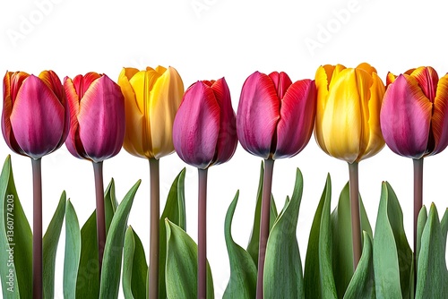 Beautiful colorful tulips arranged in a row with green leaves