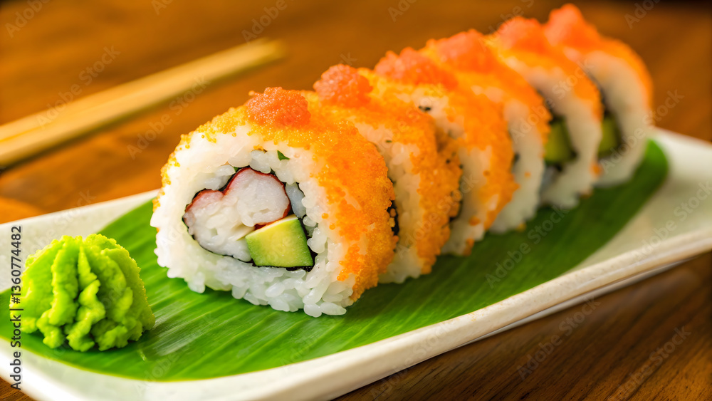 Delicious sushi rolls arranged neatly on plate, featuring vibrant colors and textures, garnished with wasabi and served on leaf Delicious sushi rolls arranged neatly on plate, featuring vibrant colors and textures, garnished with wasabi and served on leaf