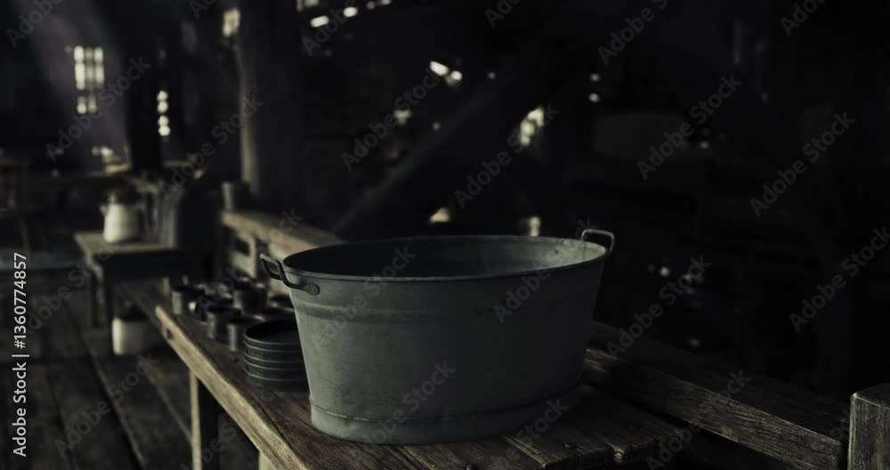 A rustic wooden table is filled with a metal bucket and several ceramic dishes. The dim lighting creates a cozy atmosphere in the setting, suggesting a nostalgic moment. A rustic wooden table is filled with a metal bucket and several ceramic dishes. The dim lighting creates a cozy atmosphere in the setting, suggesting a nostalgic moment.