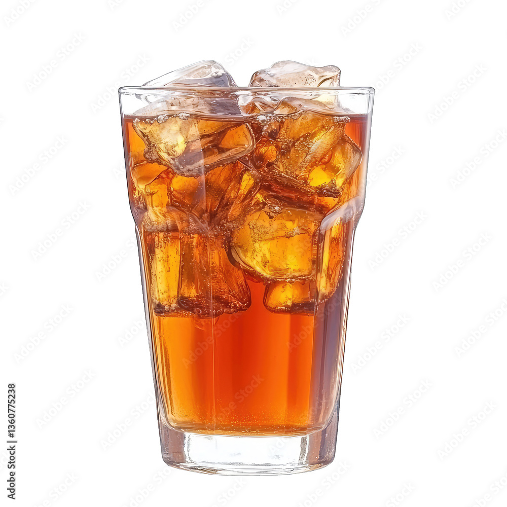 a clear glass filled with ice cubes and a dark refreshing bevera a clear glass filled with ice cubes and a dark refreshing bevera