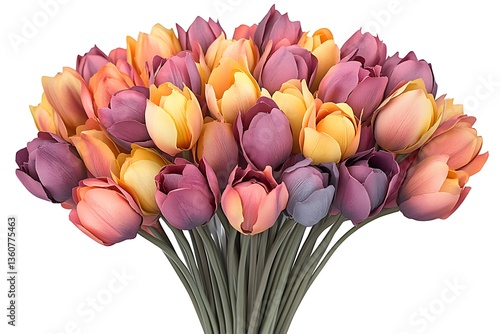 A beautiful bouquet of colorful tulips on a white background