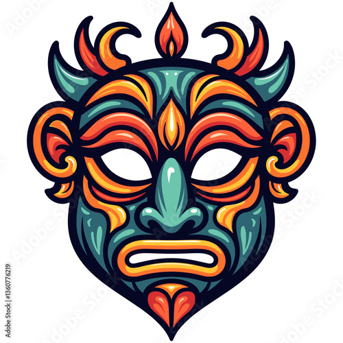 Vibrantly colored ceremonial mask with dramatic features and ornate details against a white background