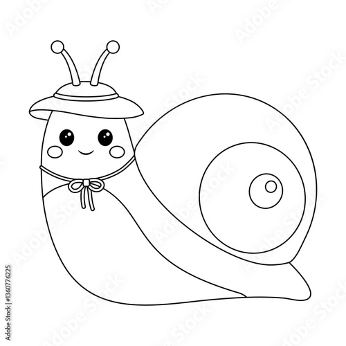 Funny snail in summer hat and with necklace on its neck. Coloring page with mollusk. Black and white outline image for painting.