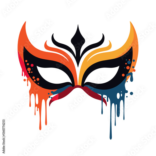Colorful artistic mask with dripping paint effects against a white background