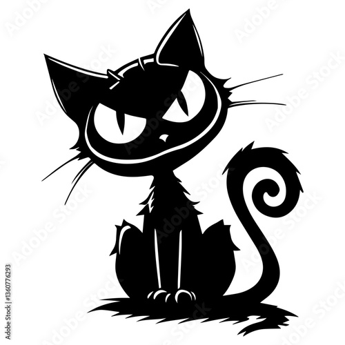 Creepy grinning cat with sharp teeth and wild eyes. Black and white silhouette