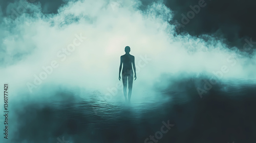 Wallpaper Mural A silhouette of a person emerging from fog, creating a mysterious and ethereal atmosphere, symbolizing introspection and transition. Phantom Transition. Illustration Torontodigital.ca