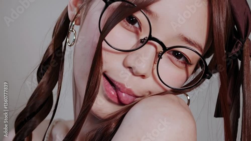 メガネをかけた日本人女性がテヘペロする瞬間