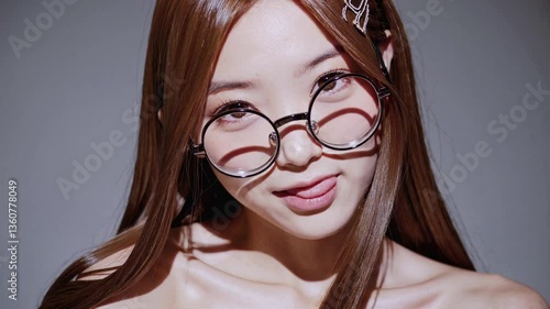 メガネをかけた日本人女性がテヘペロする瞬間