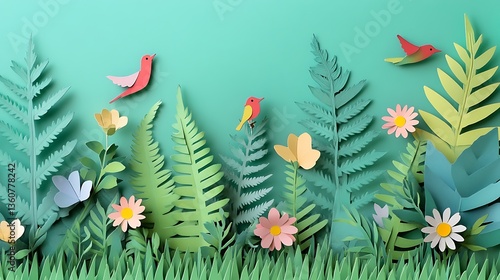 Paper Birds  Flowers Meadow.