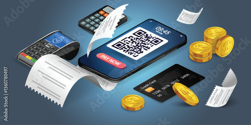 Scan Qr code and pay with mobile phone. Mobile scan QR code pay bill on top of invoice on blue background. Convenient and fast mobile bill payment concept.online transactions, payment,with application