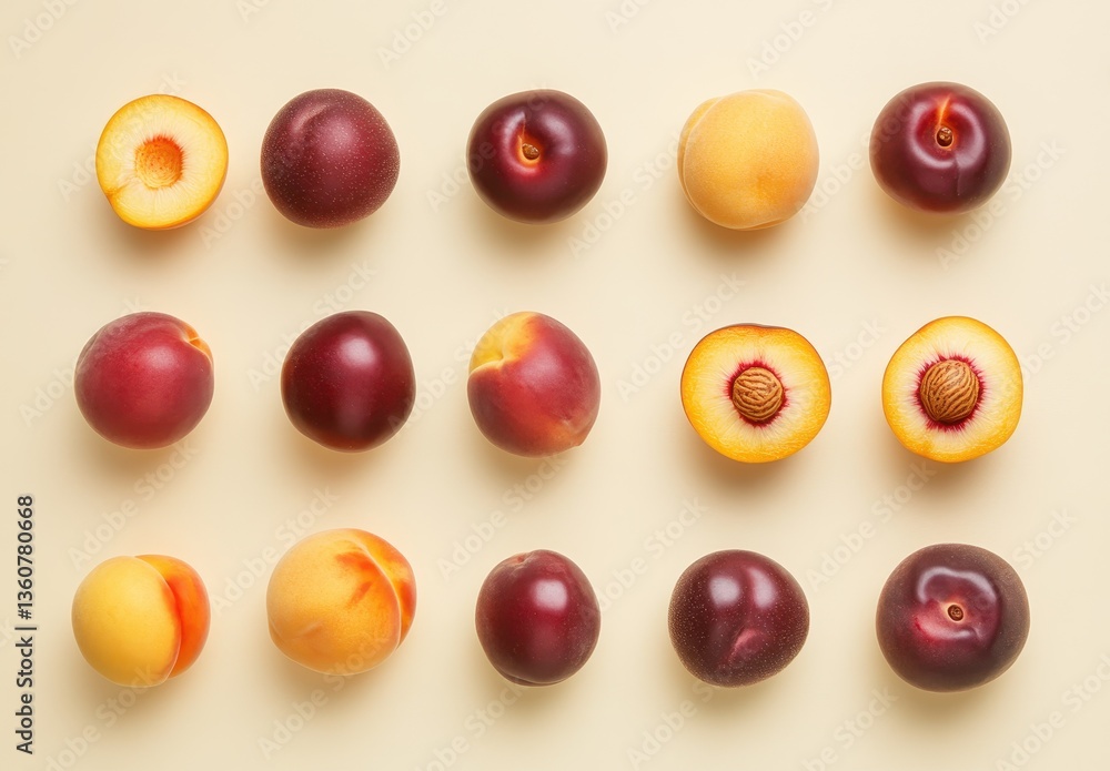 Assorted Fresh Stone Fruits on Cream Background Displaying Halved and Whole Plums, Peaches, and Nectarines in a Colorful Arrangement