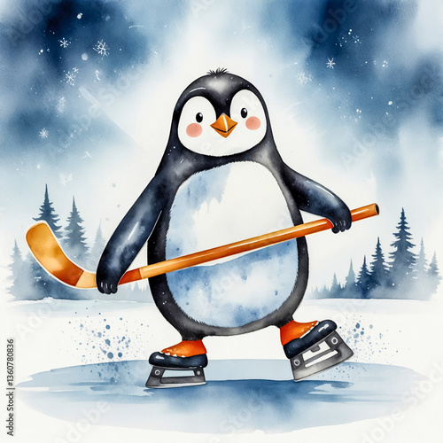 watercolor-Style Illustration a penguin skating on ice, holding a hockey stick, ready to hit the puck