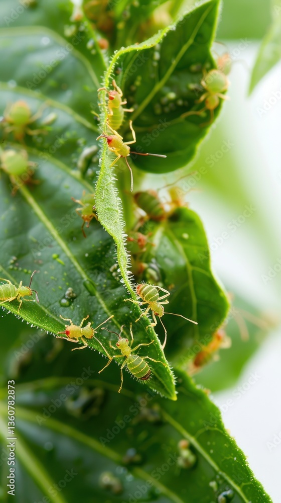 Fototapeta premium Green aphids on wet leaves, close-up, plant infestation