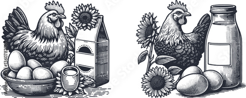 Engraving Design Set Hen with Eggs, Milk Packet, and Sunflower - Rustic Farmhouse Charm hen eggs, milk, sunflower, farm fresh, dairy, countryside, organic, healthy food, farm animals, rural life
