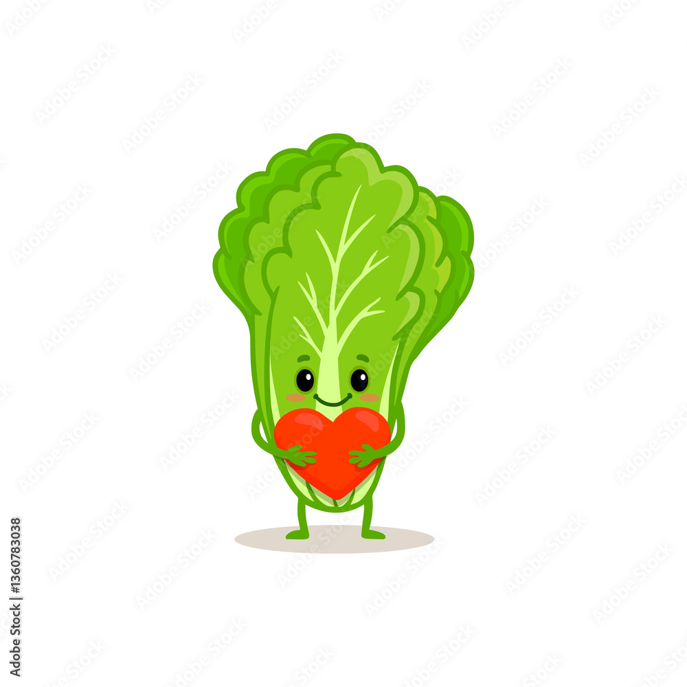 Fototapeta premium Cute Chinese cabbage character with red heart. Vegetable illustration. Cartoon cabbage in flat style. Food illustration for kids. 