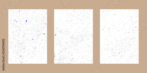 Three white clean empty sheets of A4 paper arranged vertically with dark grainy dots of recycled paper texture. Vector illustration for eco-friendly surface design. Template for text, background.