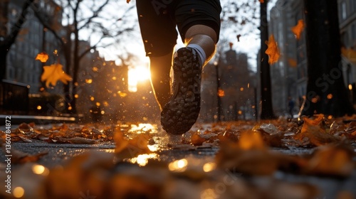 Runner's steps through autumn leaves.  Sunlight streams through falling leaves, illuminating the path ahead