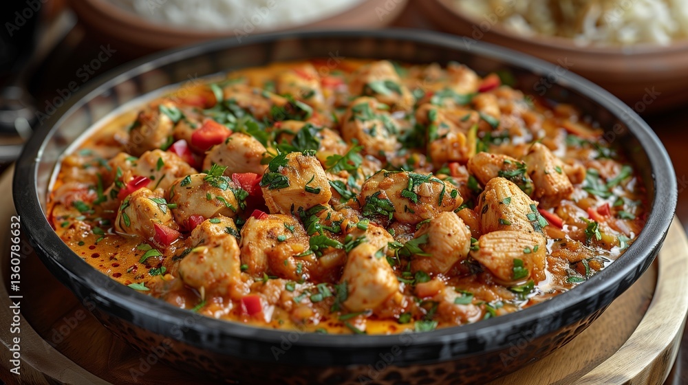 Chicken Biryani with Peppers and Herbs in Bowl with Rice on Side Chicken Biryani with Peppers and Herbs in Bowl with Rice on Side
