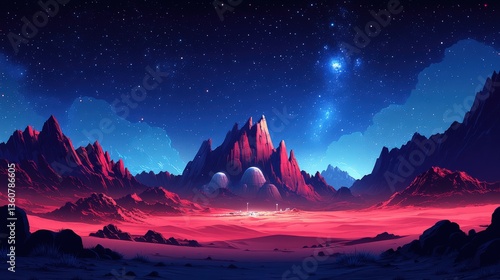 Alien planet landscape at night, red mountains under a vibrant starry sky, futuristic structures.