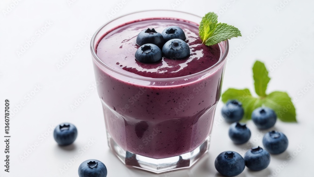 Blueberry smoothie served in a glass with fresh mint and berries on a white surface Blueberry smoothie served in a glass with fresh mint and berries on a white surface