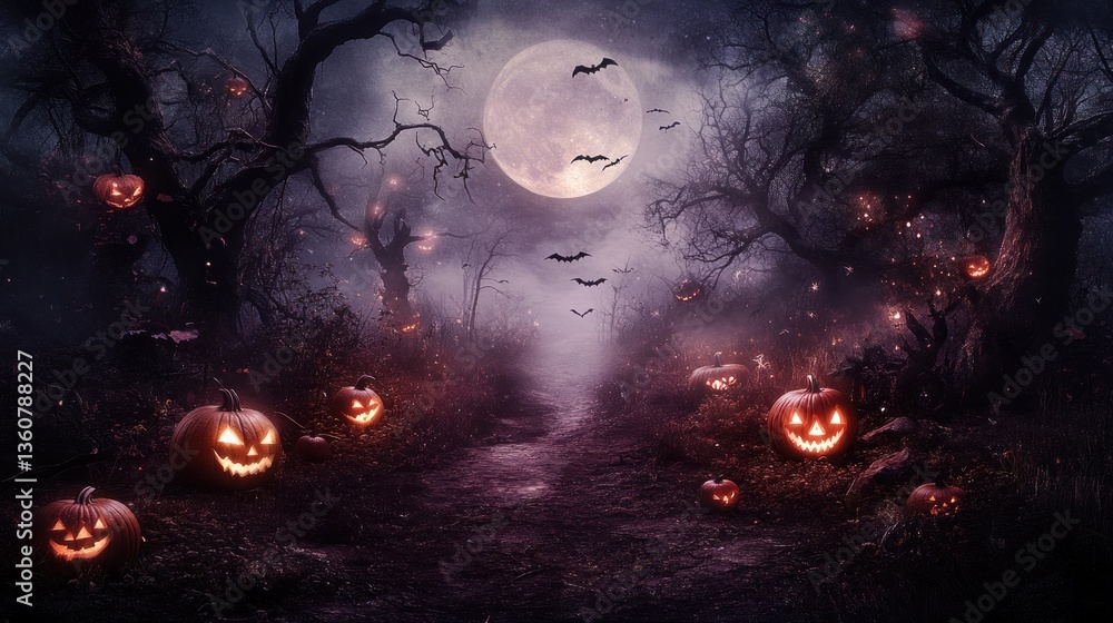 Fototapeta premium Enchanted Halloween Forest Path: Jack-o'-lanterns illuminate a mystical, moonlit trail through spooky trees, bats soar overhead under a full moon, creating a haunting yet enchanting Halloween scene.