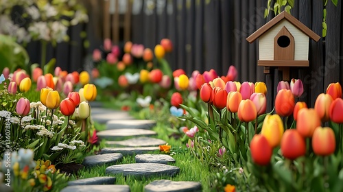 Spring tulips garden path.