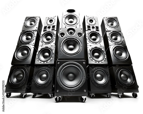 A large arrangement of black audio speaker sound systems on casters