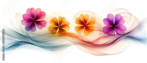 Abstract floral composition featuring four colorful flowers and flowing lines