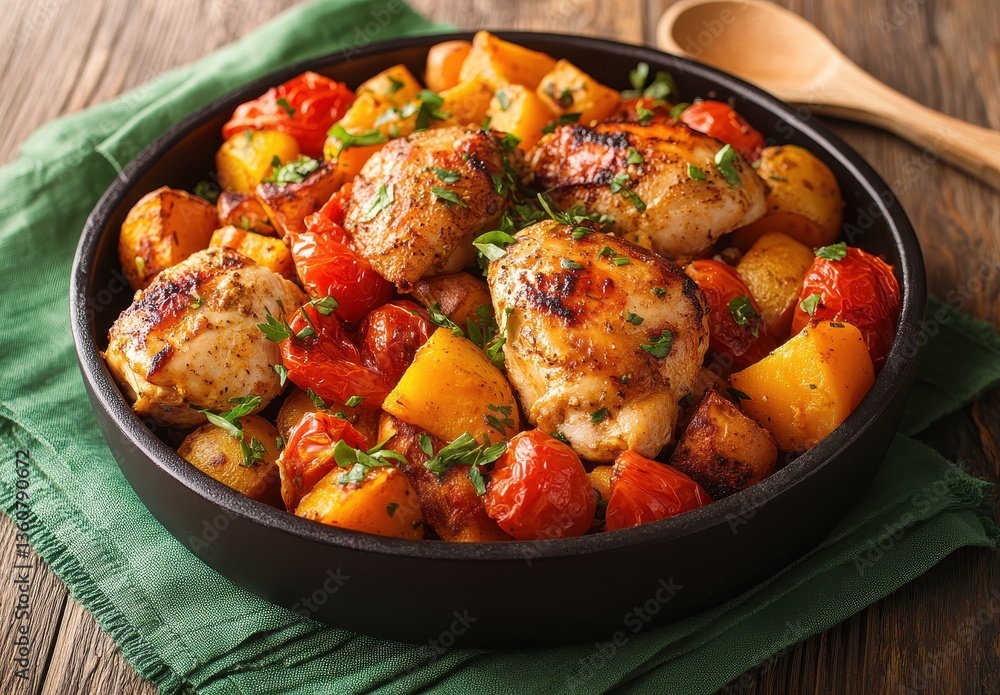 Delicious roasted chicken with colorful vegetables and herbs in a rustic bowl on a wooden table, perfect for a comforting meal or recipe showcase Delicious roasted chicken with colorful vegetables and herbs in a rustic bowl on a wooden table, perfect for a comforting meal or recipe showcase
