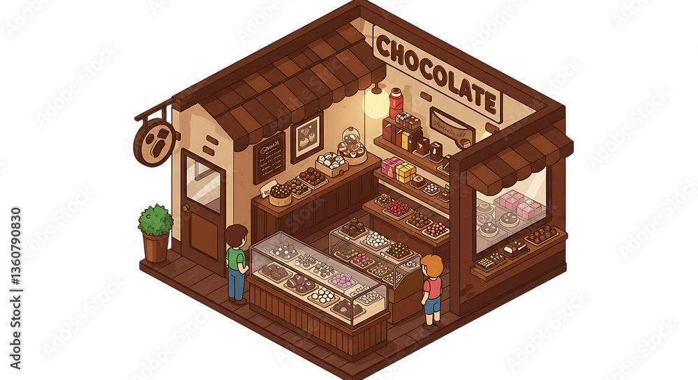 Fototapeta premium Isometric Chocolate Shop with Customers Browsing Delicious Treats Illustration