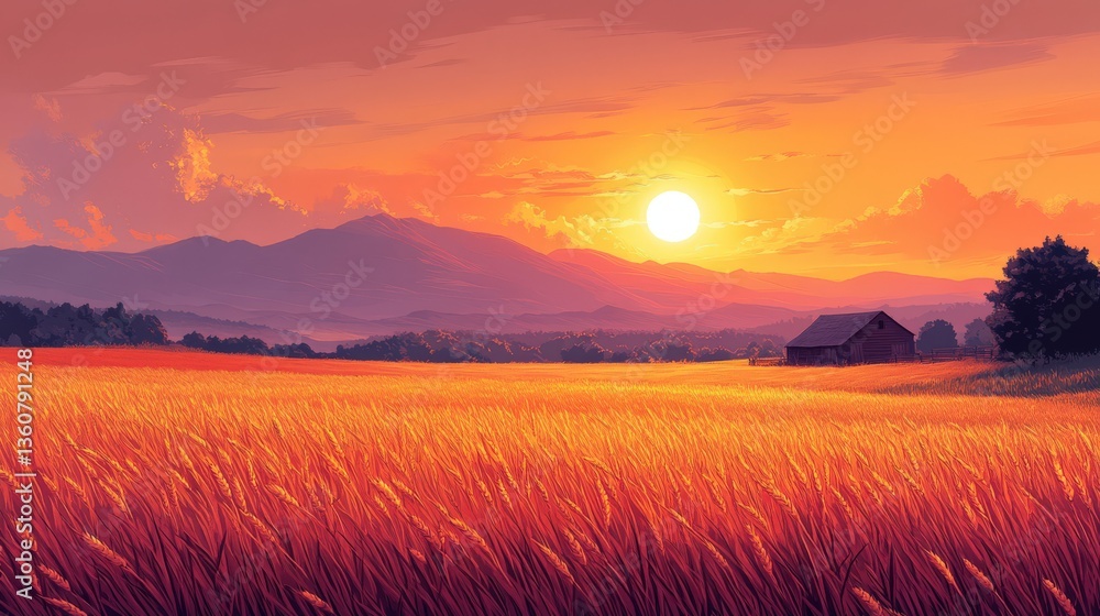 Fototapeta premium Serene sunset over golden wheat field with barn and distant mountains. Perfect for idyllic, peaceful, rural scenes.