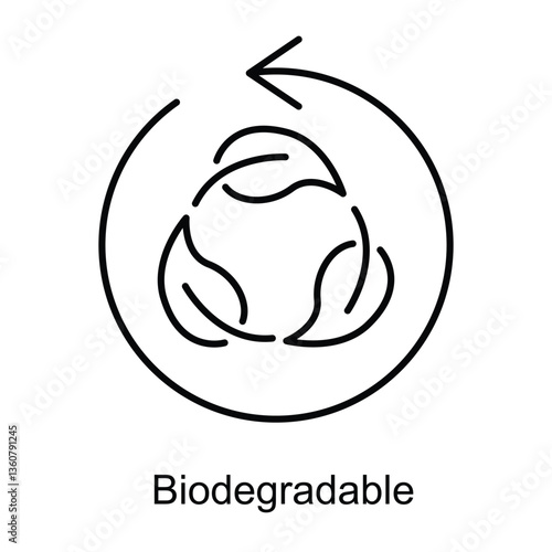 Vector icon for biodegradable materials. Displays a circular recycling symbol with leaves, representing eco-friendly and decomposable items.