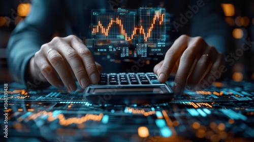 Close-up of an investora??s hands using a financial calculator while a holographic display of stock market trends, candlestick charts, and real-time data updates floats in the air.