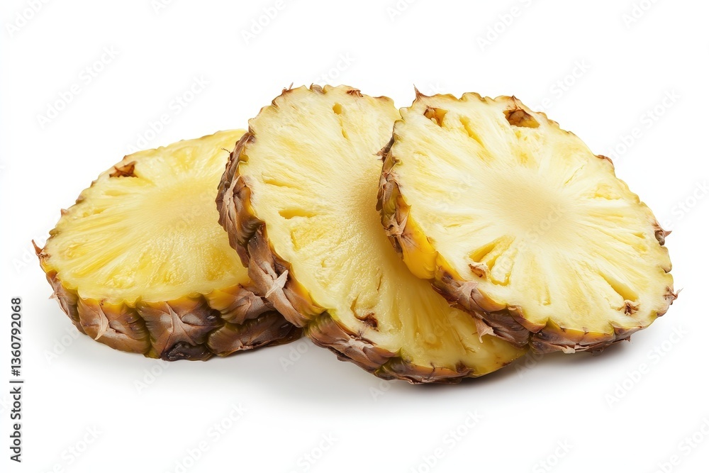 Three circular slices of ripe and juicy tropical pineapple are presented Three circular slices of ripe and juicy tropical pineapple are presented