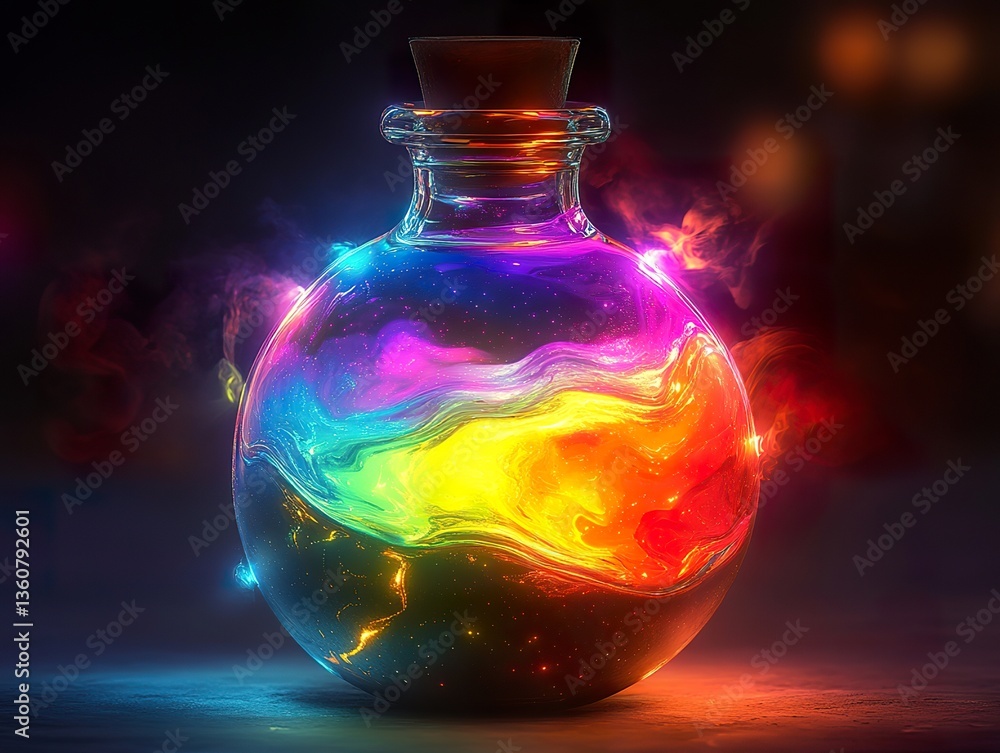 A spherical potion bottle with shifting rainbow liquid, constantly morphing between vibrant colors and glowing softly. A spherical potion bottle with shifting rainbow liquid, constantly morphing between vibrant colors and glowing softly.