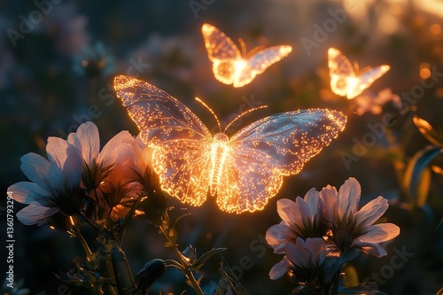 A secret garden where glowing butterflies land on flowers, leaving trails of light as they gently flutter away.