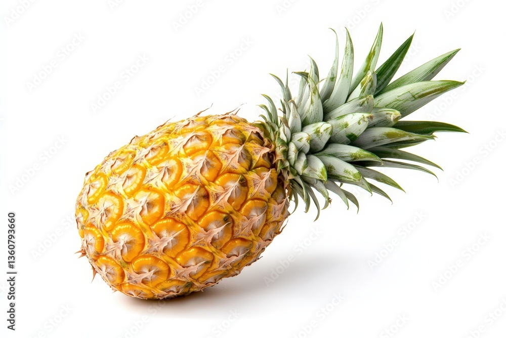A ripe and fresh pineapple rests on a white surface A ripe and fresh pineapple rests on a white surface