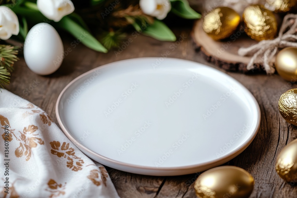 Fototapeta premium A pristine white plate set amidst a beautifully arranged table with spring flowers and decorative golden eggs, ideal for festive celebrations and gatherings.