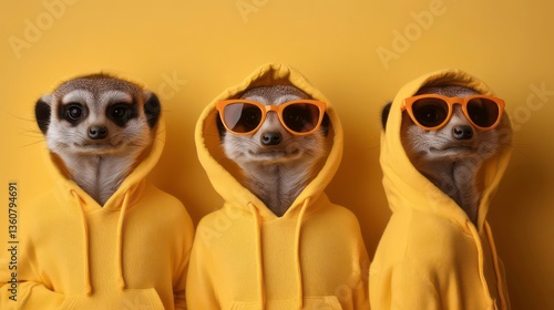 Three meerkats wear bright yellow hoodies, orange sunglasses. Stylish animals on solid yellow background. Trendy design. Animals look fashionable. Modern concept. Photo stock image ideal fo