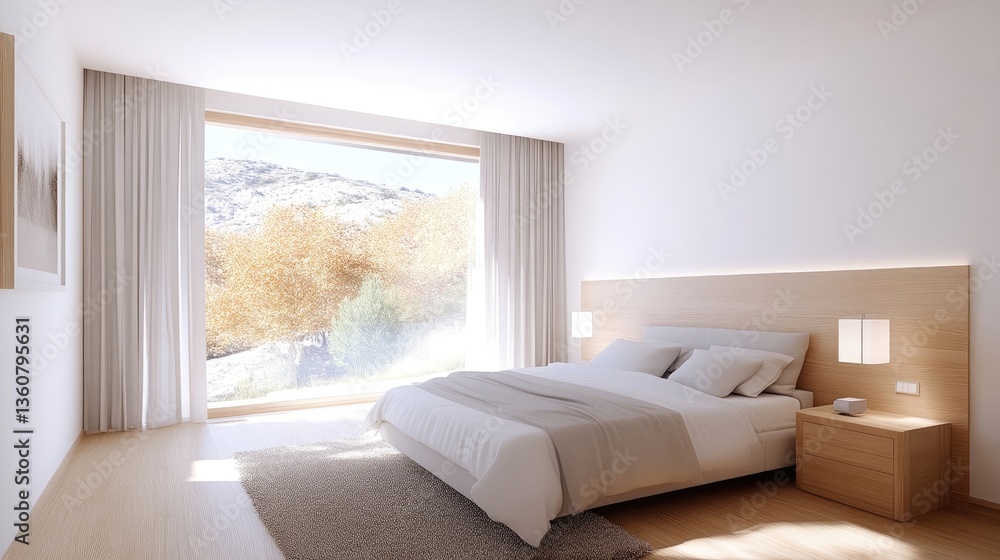 Fototapeta premium Modern bedroom with panoramic mountain view (1)