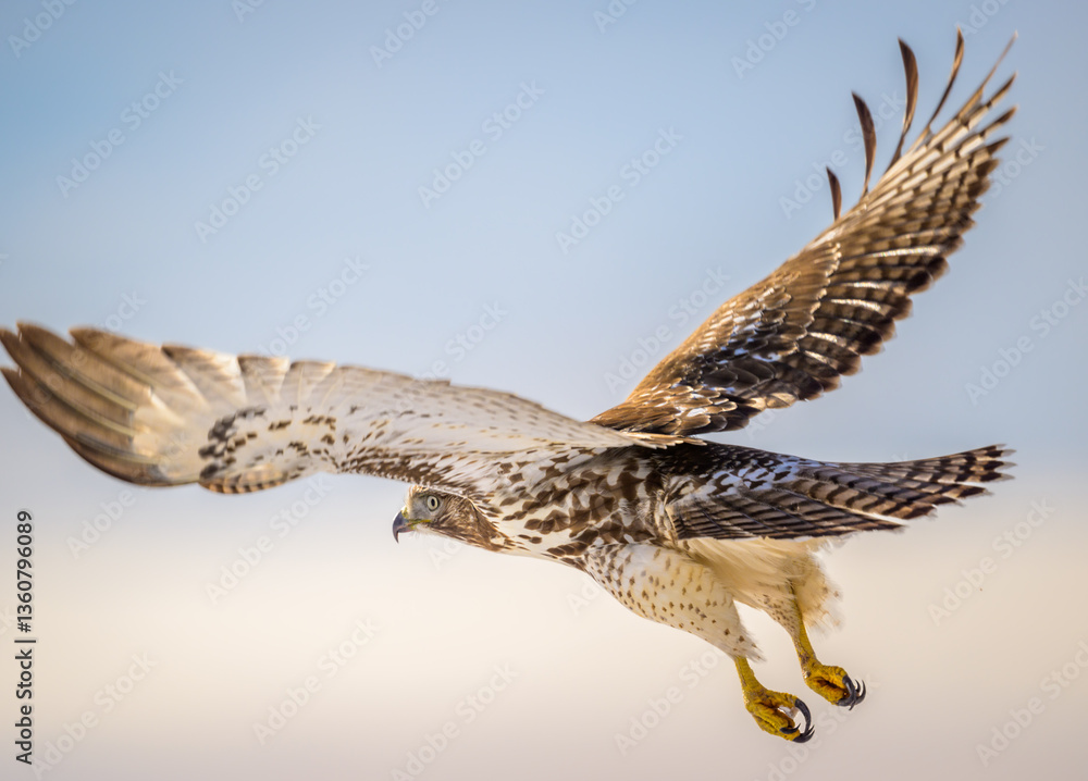 Fototapeta premium Close-up of Red-tailed Hawk flying with soft pastel background 